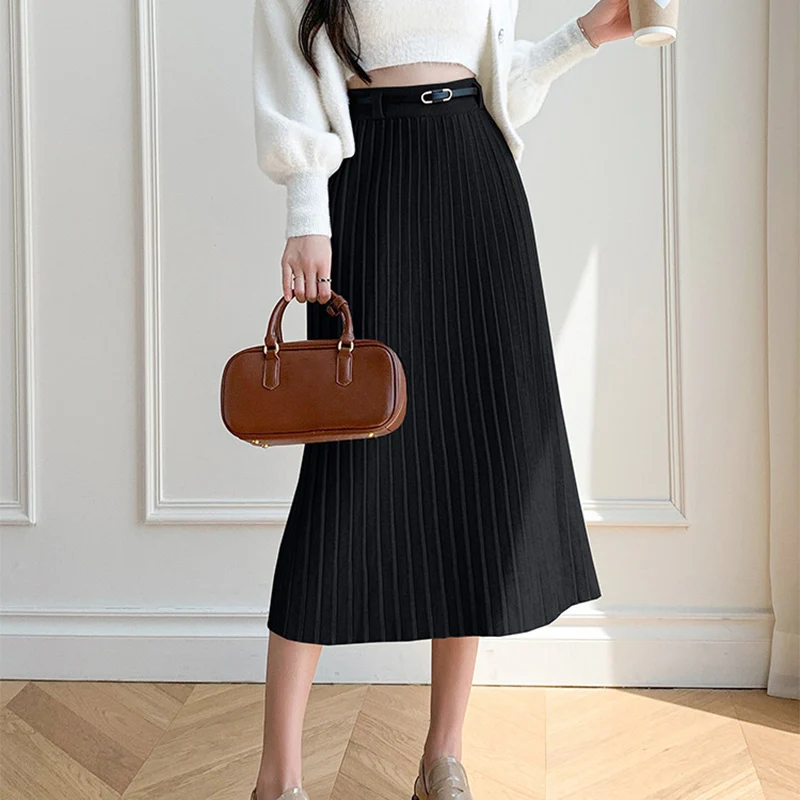 Elegante cintura alta saias de malha feminina primavera outono solto plissado meados de longo saias mulher chique saias de cor sólida feminino