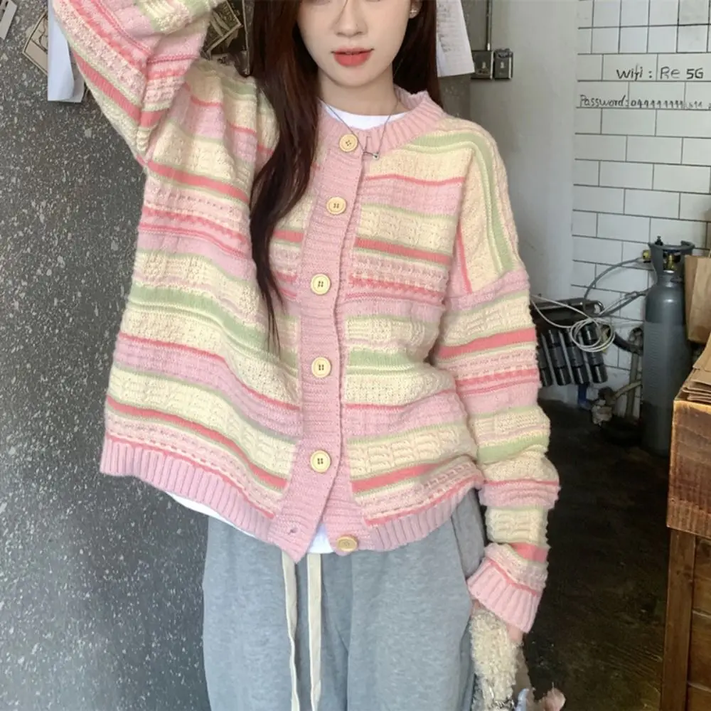 

Осенние вязаные свитера с длинными рукавами в полоску, корейские кардиганы для женщин, топы Y2K, свободные укороченные вязаные куртки для женщин