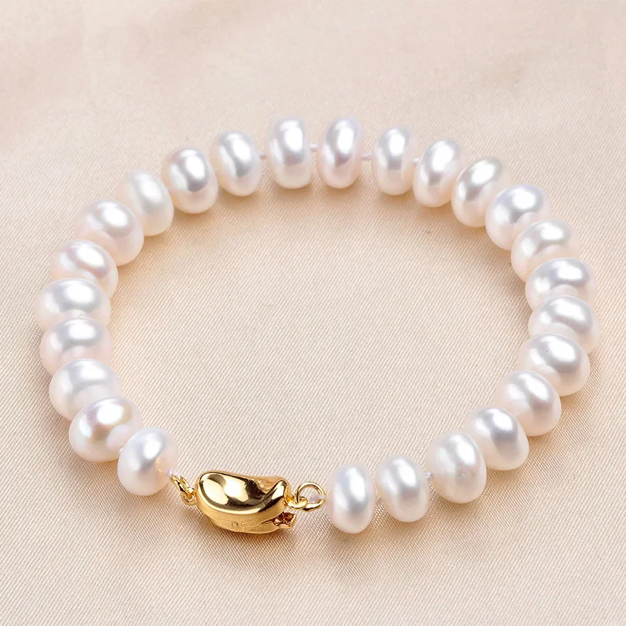 

YWYC 8-9mm Bread Round Freshwater Pearl Bracelets 925 Sterling Silver Gold Color Clasp Bracelets for Women