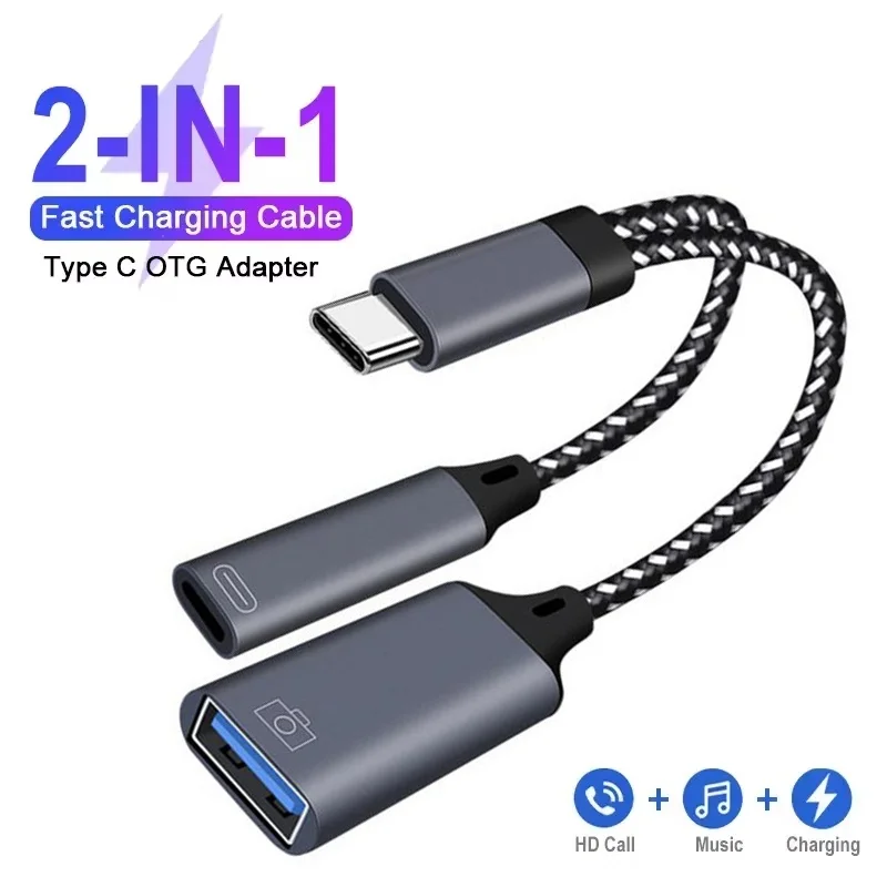 USB C OTG Cable Adapter 2 In 1 Type C to USB A Adapter With PD Fast Charging Port For iPhone Huawei Xiaomi Phone Laptops Tablet