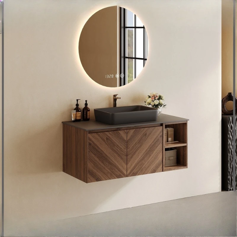 

Walnut Striped Bathroom Furniture Marble Slate Countertops Ceramic Basin Bathroom Cabinet