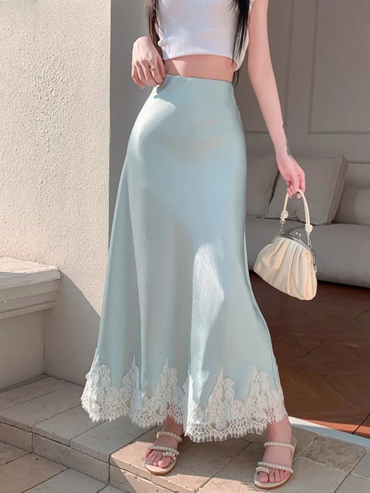 

Summer New Women French Elegant Satin Mermaid Skirt Lace Patchwork Waist Elastic Female Long A-line Skirts