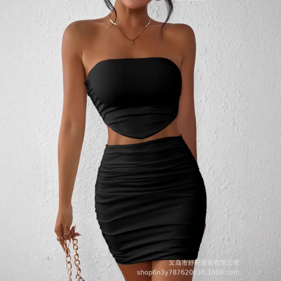 

【New style】 European and American new summer fashionable one-line tube top slim skirt half-body bag hip skirt women's two-piece