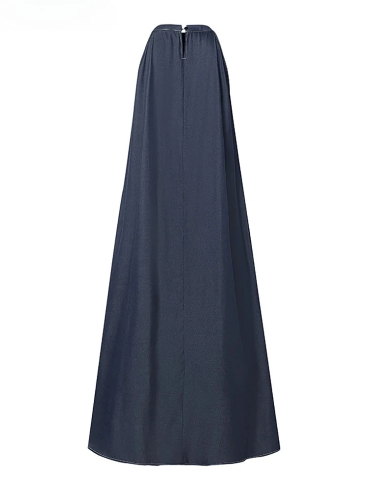 Halter sólido maxi vestidos soltos casuais sem mangas férias feminino em camadas vestido moda falso denim a linha vestidos