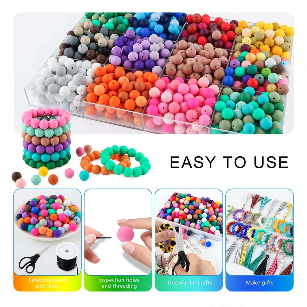 Sunrony Round Silicone Beads, Colorido, Novo, Combinação, DIY, Caneta Esferográfica, Chaveiro, Jóias, Colar, Pulseira, 9mm, 12mm, 15mm, 30Pcs