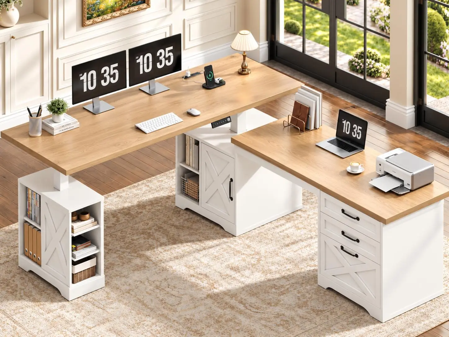 Farmhouse L Shaped Standing Desk with Storage 67
