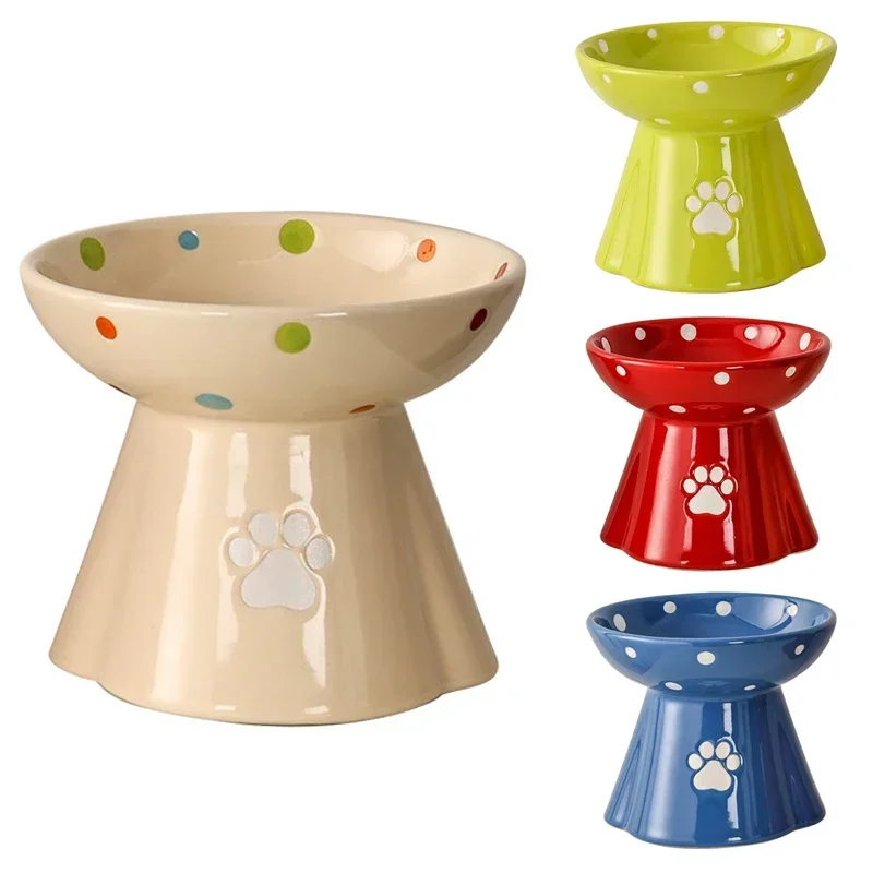 

Ceramic Pet Bowl Dish, Colorful Dots, No Spill, High Base, Food, Water Feeder, Container with Paw Pattern for Dog and Cat