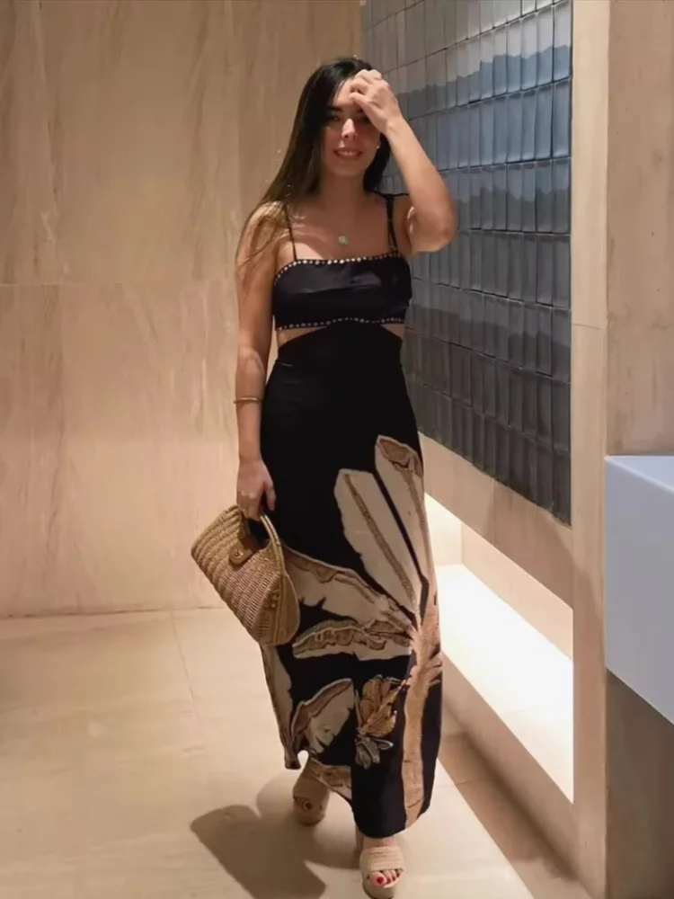 

Chic Printed Backless Halter Dress Lace Up Slimming Maxi Robe High Waist Party Robes 2025 New Lady Vacation Party Clothing