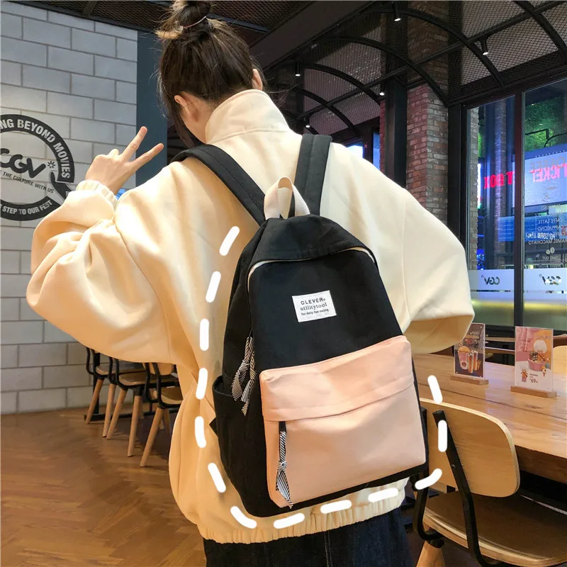 

Women Canvas Backpack Fashion Women Shoulder Bag Stitching Color School Bag for Teenage Girl Children Travel Backpacks Mochila