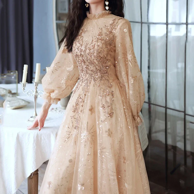 Customized Temperament Champagne O-neck Full Sleeve Formal Prom Dress Elegant Slim A-line High End Vestidos Exquisite Floral App