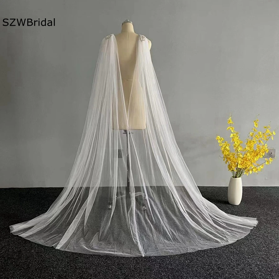 

In Stock White Ivory Cape Veil Rhinestone Appliques on Shoulders 3 Meter Long Bridal Shoulder Veil Wedding Accessories