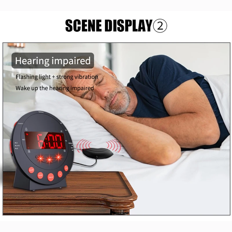 Digital LED Alarm Clock for Deaf-mute People, Night Wake Up, Strong Vibration, Flash Light, Dual USB Charging