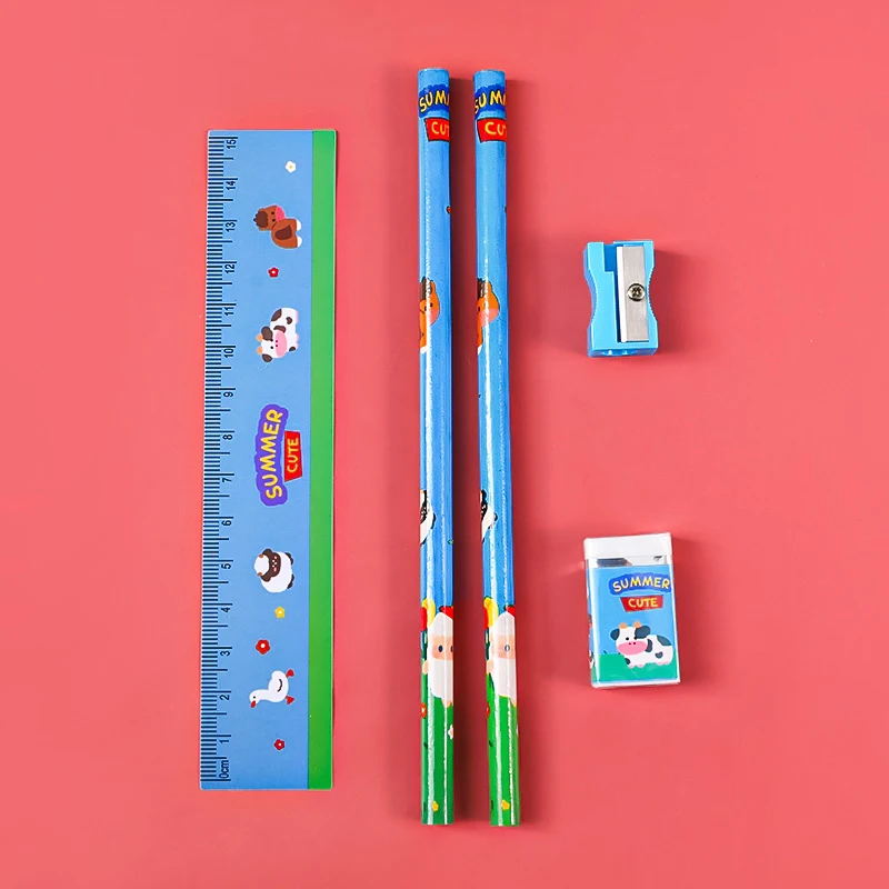 5Pcs Portable Stationery Set Cartoon Pencil Ruler Sharpener Eraser Set Gift for Kids School Office Writing Prize Stationery Set