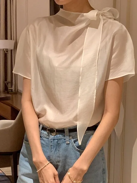 Elegant Korean Style Women's Short Sleeve Shirt Bow Tie Gentle Luxury Feel Top Loose Fit Knot Summer Fashion