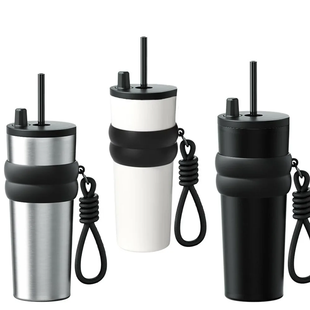 700ml/23oz Travel Thermos with Straw and Leak-Proof Lid, Stainless Steel Metal Water Bottle for Hot and Cold Coffee Drinks