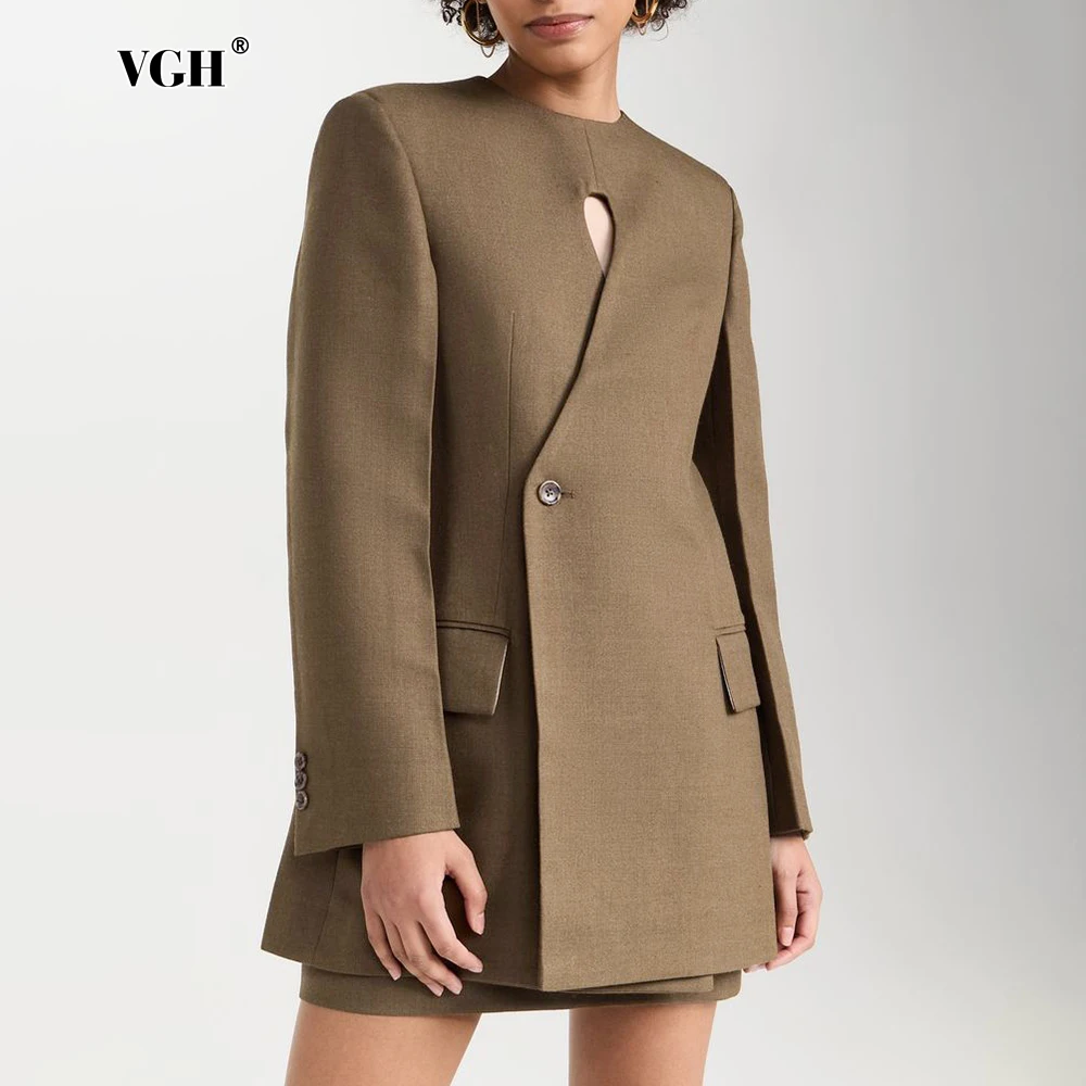 Vgh oco para fora design chique blazer fino para mulheres em torno do pescoço manga longa túnica emendado único botão blazers moda feminina nova