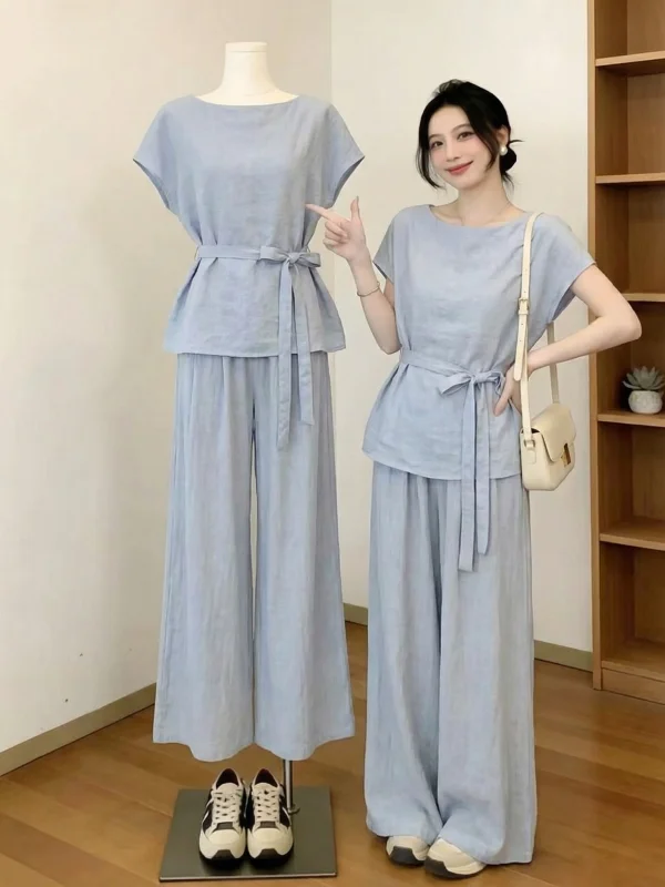 

plus Size Women's Summer Fashion Set Slimming Light Blue Waist-Cinching Short Sleeve Two-Piece Set Pear Shape Long Dress