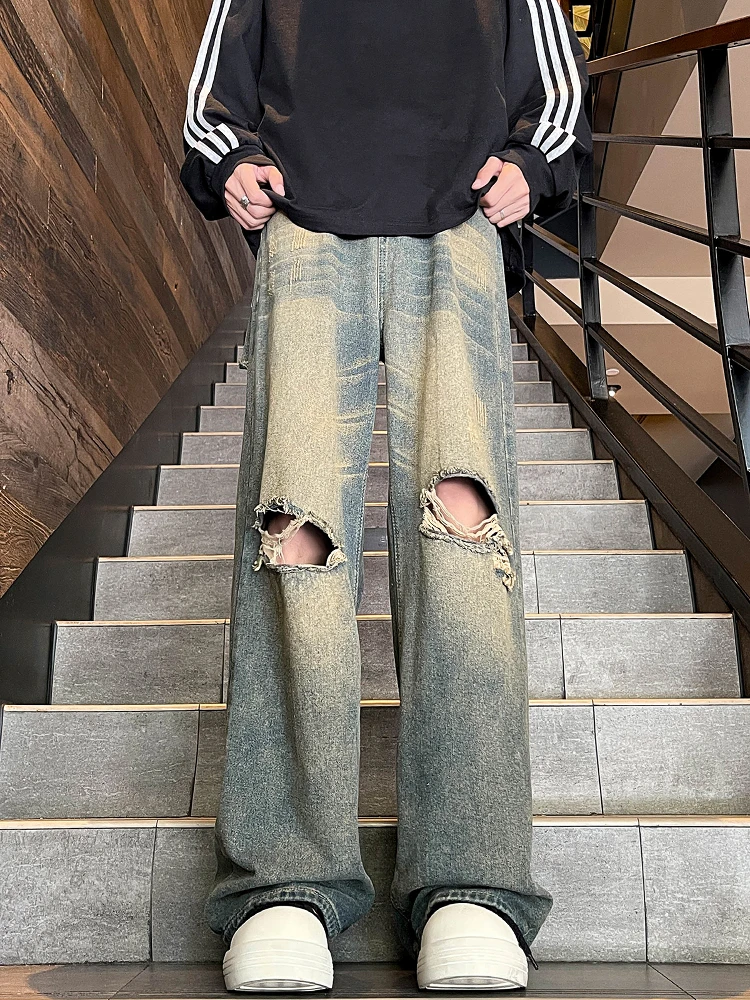 

Loose Straight Leg Men's Hiphop Denim Jeans High Street Vintage Brand Hole Punching Casual Long Pants Summer Faion