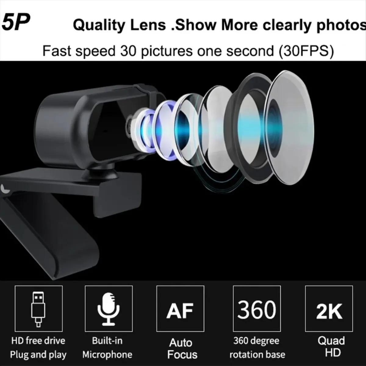 2K Autofocus Webcam 30fps Full HD Microphone for Gaming Live Video Calling Meeting Driver Free USB Plug Laptop PC Work