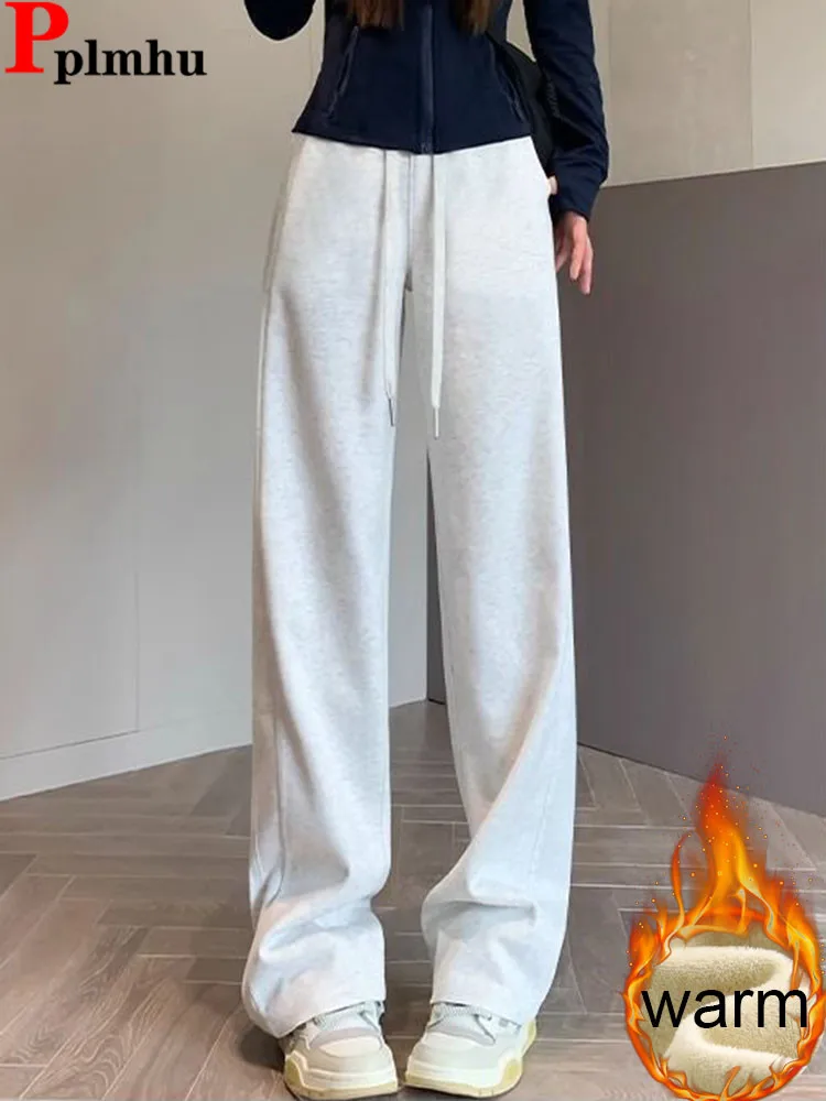 

Women Casual Thicken Loose Straight Pants Winter Warm High Waist Lace Up Wide Leg Pantalones Snow Wear Velvet Lined Sweatpants