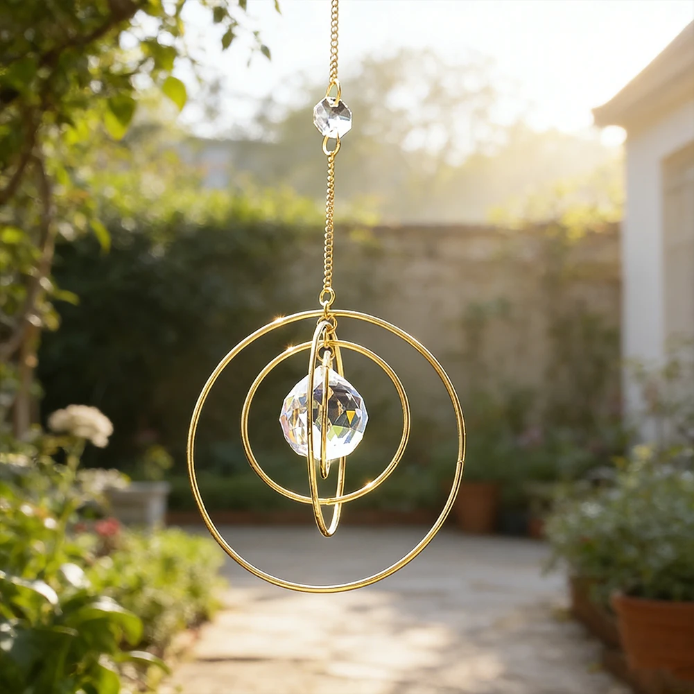 

Золотое кольцо-солнечный ловец света с кристаллами, подвесная призма-шар, украшение для окна и сада, радужный световой кулон, энергетический орнамент Фэн-шуй