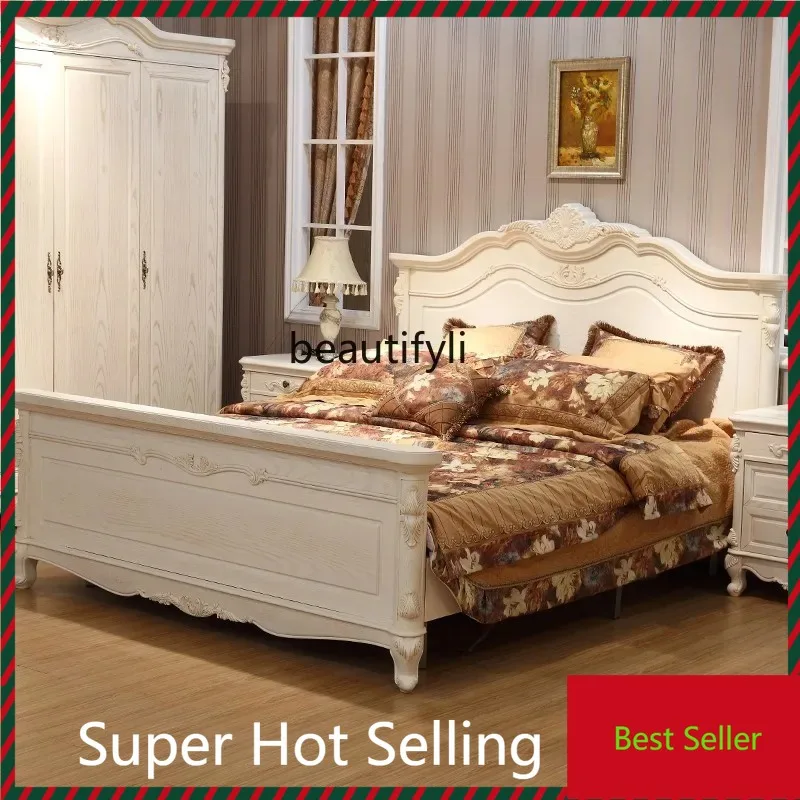 

QQ132 European-Style Double Solid Wood Bed 1.8 M 1.5 American Light Luxury Court Bed White Pastoral Bed Master Bedroom