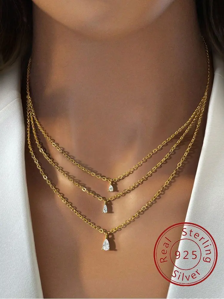925 Sterling Silver Three Layer Golden Water Drop Necklace For Women Engagement Wedding Luxury Fashion High Quality Fine Jewelry