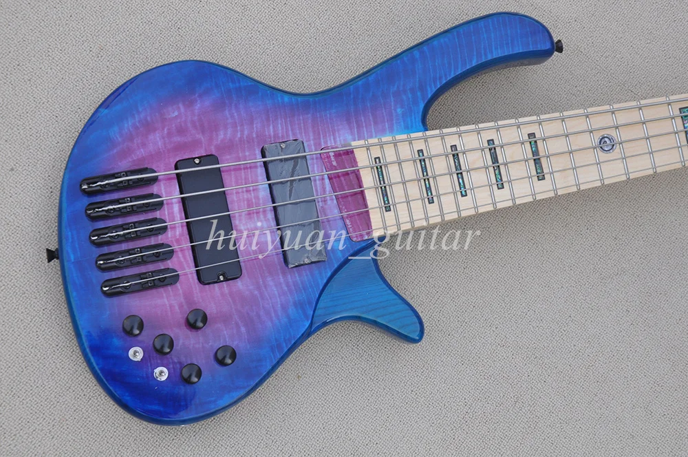 Flyoung 5 Strings Blue ASH Active Electric Bass Guitar with Abalone Inlay Maple Fretboard 24 Frets Strings Distance 19 mm