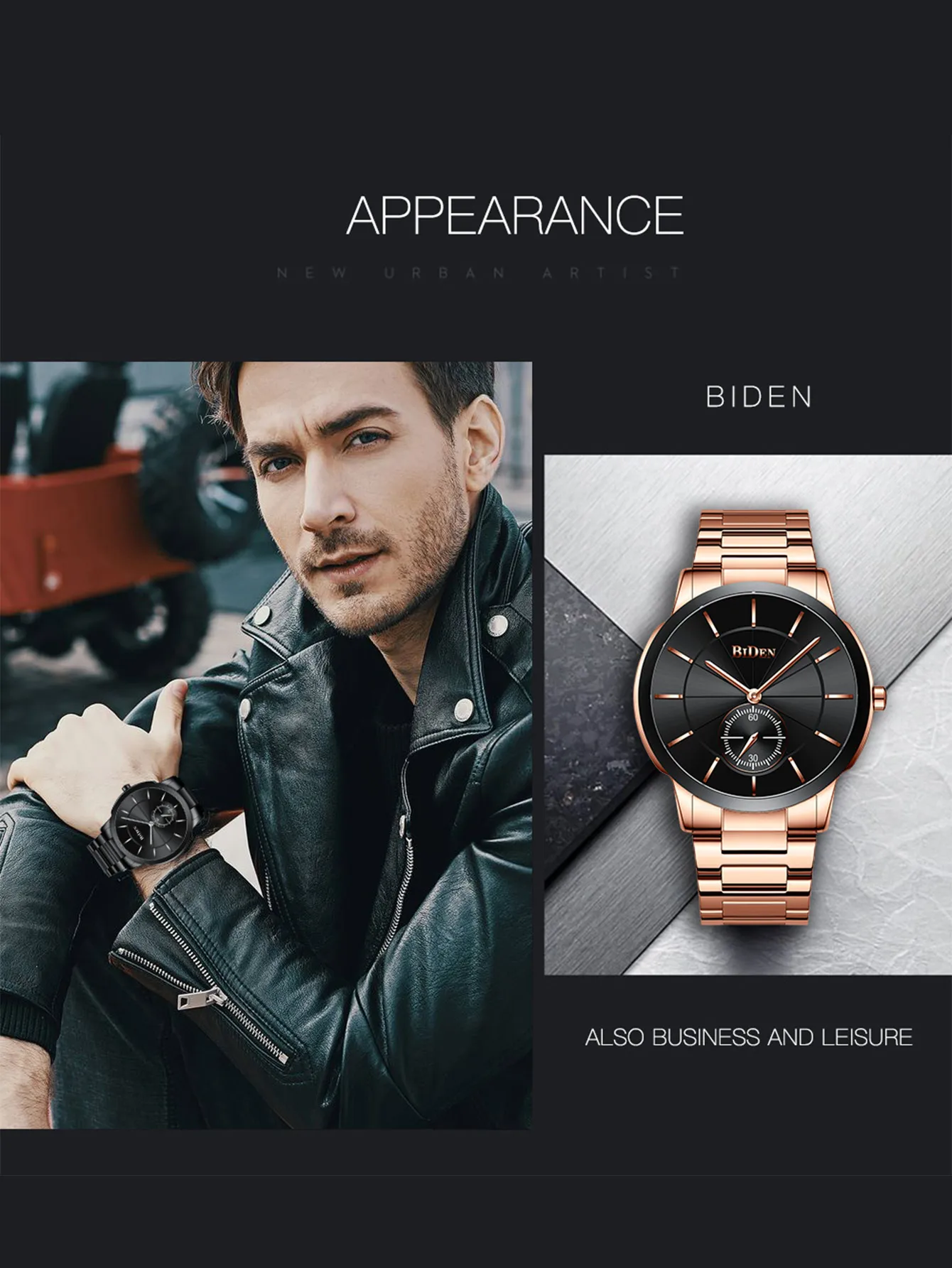 BIDEN high-end business style men's watch solid steel strap large dial 30M waterproof multifunctional quartz men's clock