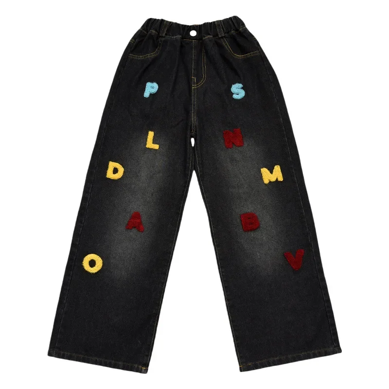 Pantalones vaqueros de pierna ancha para niños y niñas, pantalón largo holgado con bordado de letras y toalla, novedad de otoño y primavera, 2024