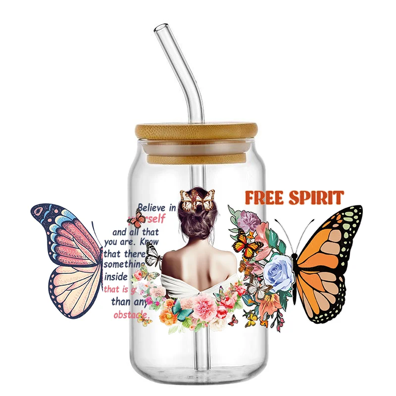 Girl and Butterfly Wrap UV DTF Sticker for 16oz Cup Glass Wrap Transfer Sticker Custom Label DIY Logo Self adhesive