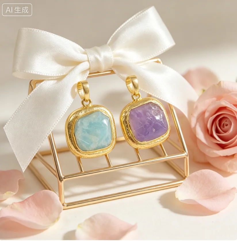 WT-P1468 Natural Strawberry Amazonite Amethyst Stone Pendant Purple Brown Quatz Gold Pendant Women Fashion Jewelry