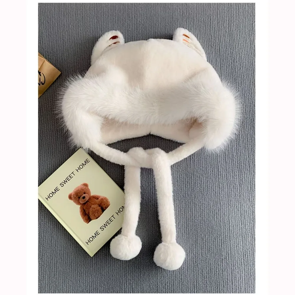 New Thickened Plush Lacing Pompom Balls Cap Cute Tiger Ears Windproof Pullover Cap Winter Warm Head Wrap Cycling Skiing