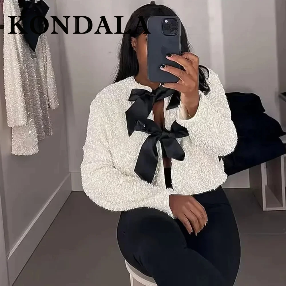 KONDALA 2025 Autumn Winter Women Butterfly Lace Up Sequins Tops Fashion Casual Streetwear O Neck Open Stitch Sexy Elegant Tops