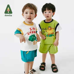 Amila Baby set 2024 Summer New Color Contrast Fake Two Sports Shorts Set Cotton Breathable Clothing 0-6 Years Old