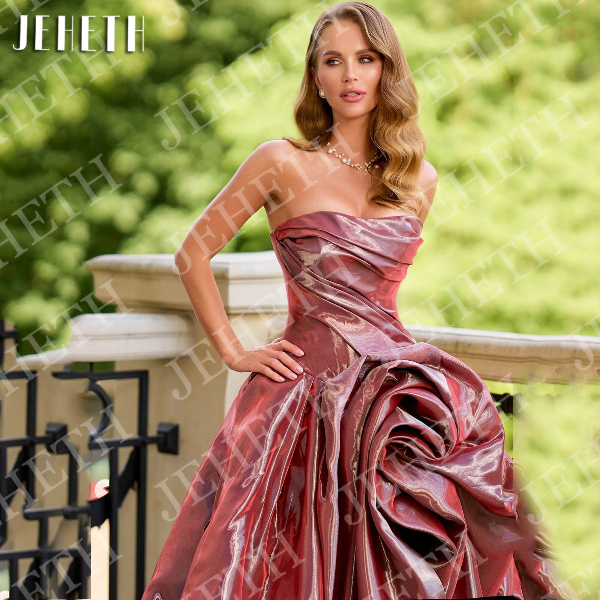 JEHETH Prom Dresses Strapless Arabic Woman Burgundy Satin High Slit Formal Evening Dress Sleeveless Customized فستان سهرة نسائي