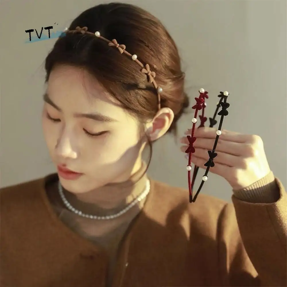 

Simple Pearl Bow Hairband Plush Alloy Flower Headband Thin Fairy Women Hair Hoop Headwear