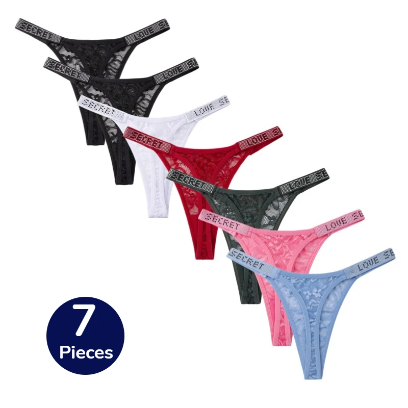 BZEL 7-teiliges Spitzen-Damenunterwäsche-Set, Modischer Schriftzug-Gürtel, Glänzende Damen-Tangas, Sexy Dessous, Ausgeschnittene G-Strings, Bequeme T-Backs, Bestseller