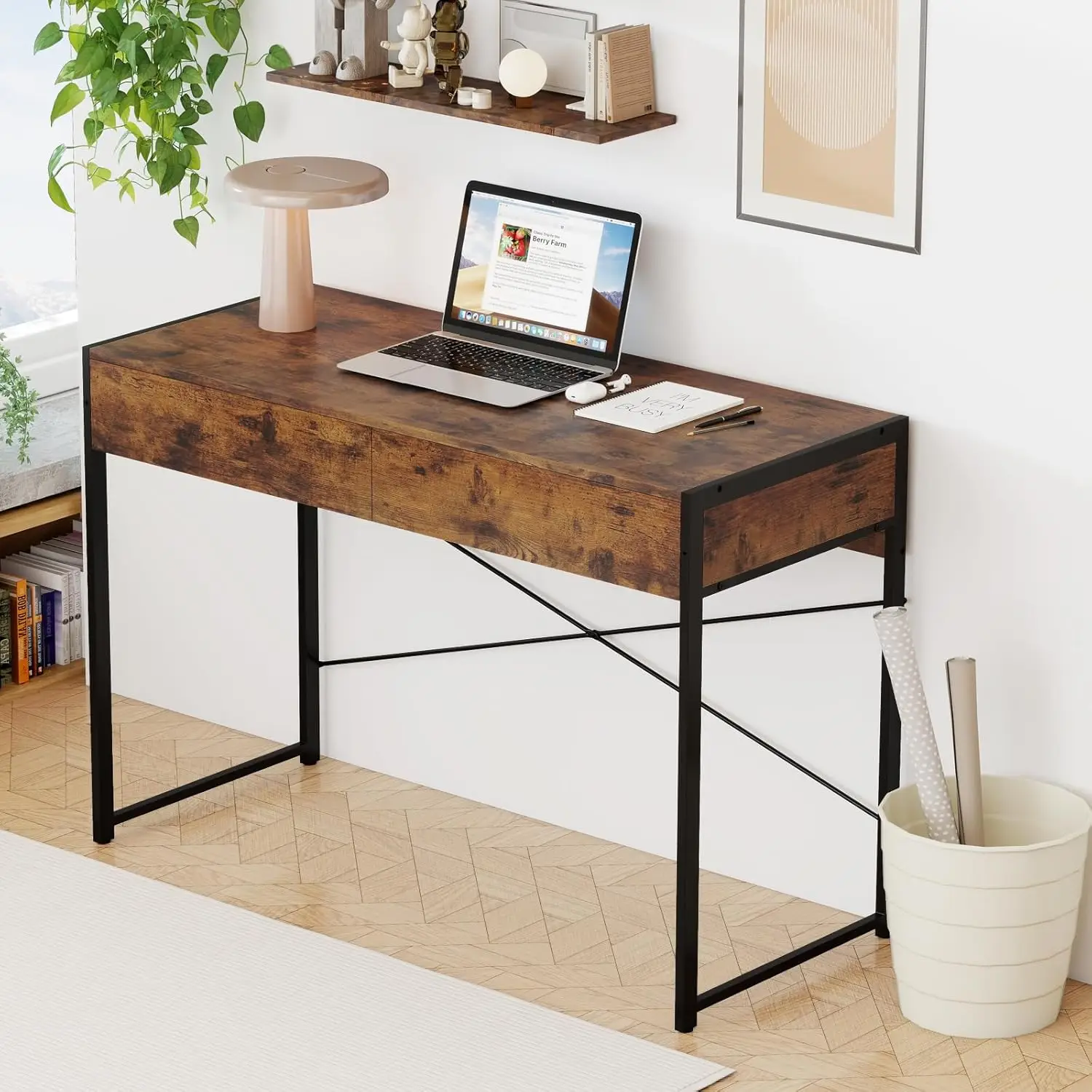 Computer Desk with 2 Drawers, 44 Inch Home Office Desk with Metal Frame & Anti-Toppling Device, Modern Writing Study