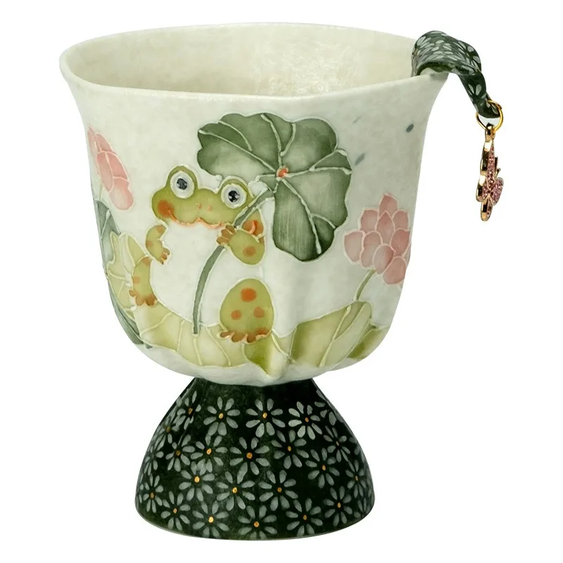 Taza de ramo de pies altos de rana de loto pintada a mano pura, taza de té de cerámica china, taza de té divertida para el hogar y la Oficina