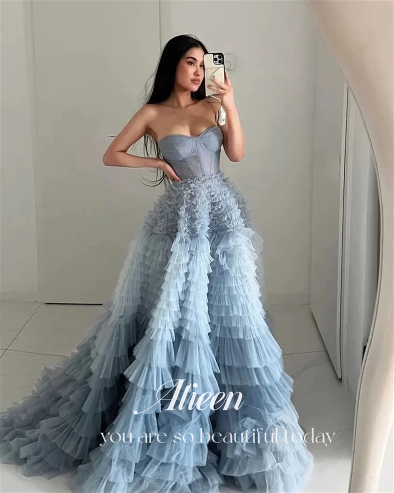 Aileen Sweetheart Gradient Color Gray Blue Multi-layer Long Evening Dresses for Formal Occasions Luxury Women\'s Elegant Dress