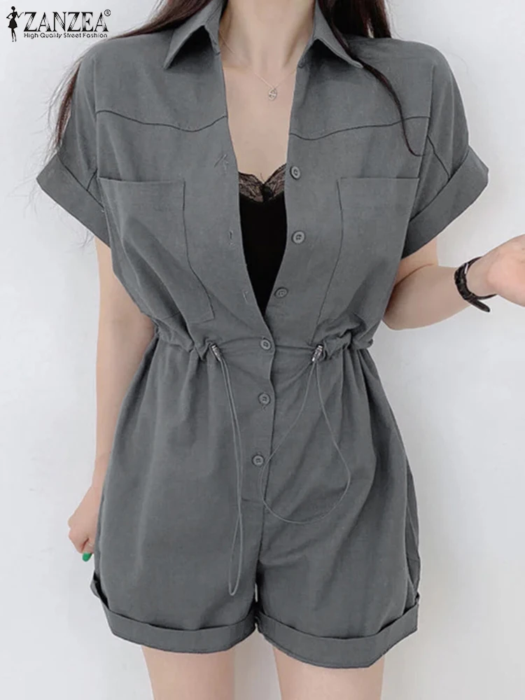 

ZANZEA Vintage Women Cargo Pants Short Jumpsuits Summer Short Sleeve Lapel Buttons High Waist Playsuits Solid Fashion Rompers
