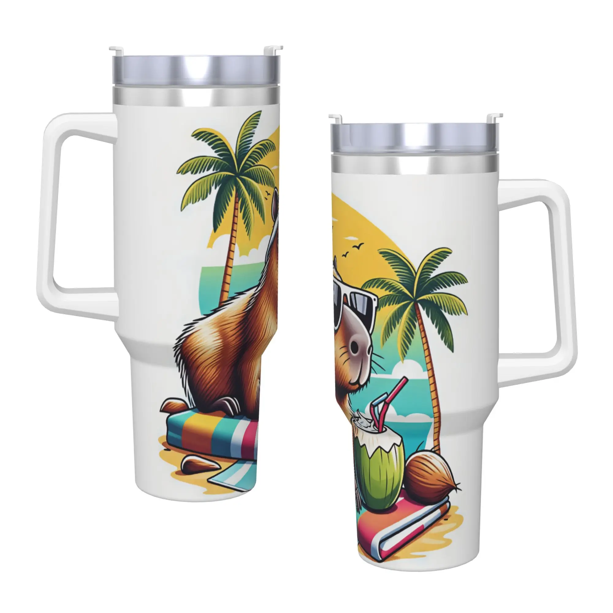Stainless Steel Tumbler Summer Beach Capybara Sunglasses Coconut Drink Palm Tree Sunset Cartoon Car Mugs Drinks Water Bottle
