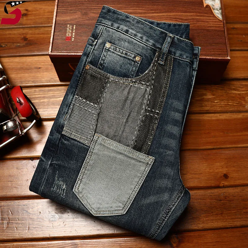 Fashion haulage motor jeans men\'s fashion street slim fit skinny stretch casual Korean style all-match stitching trousers