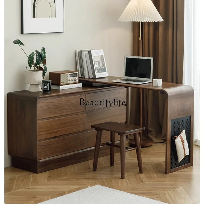 

05-North American black walnut six-chest cabinet storage cabinet dresser integrated retractable corner desk