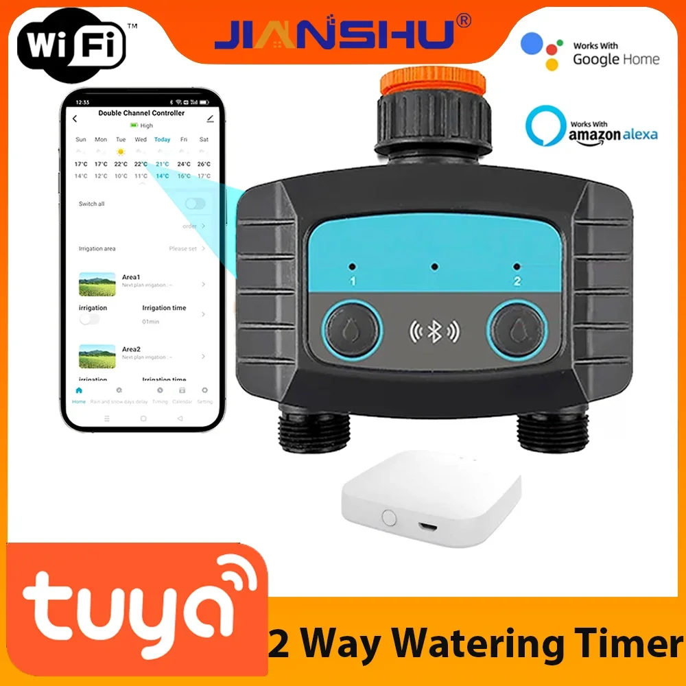 

Jinashu Tuya Smart WiFi Water Timer,Sprinkler Timer with BT Hub,2 Outlets Bluetooth Wireless Irrigation Timer Work with Alexa