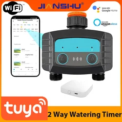 Jinashu Tuya Smart WiFi Water Timer,Sprinkler Timer with BT Hub,2 Outlets Bluetooth Wireless Irrigation Timer Work with Alexa