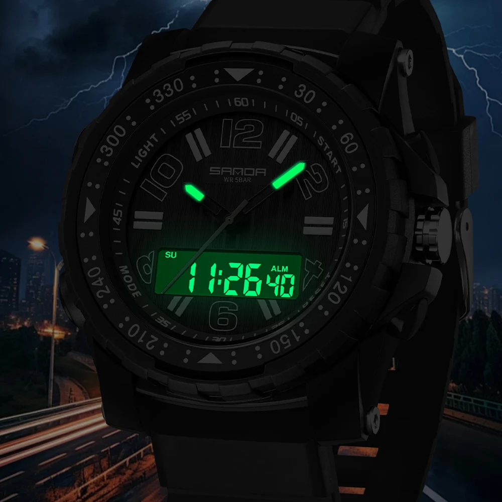 SANDA Men\'s Electronic Watch Fashion Sport 5ATM Waterproof Quartz Silicone Strap Clock Calendar Male Analog Digital Wristwatch