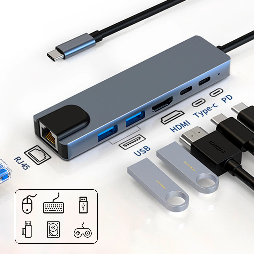 

Док-станция 6 в 1, концентратор USB Type-C HDMI 4K @ 30 Гц RJ45, док-станция USB 3.0 C, поддержка 65 Вт, обратная зарядка, аксессуар для ноутбука