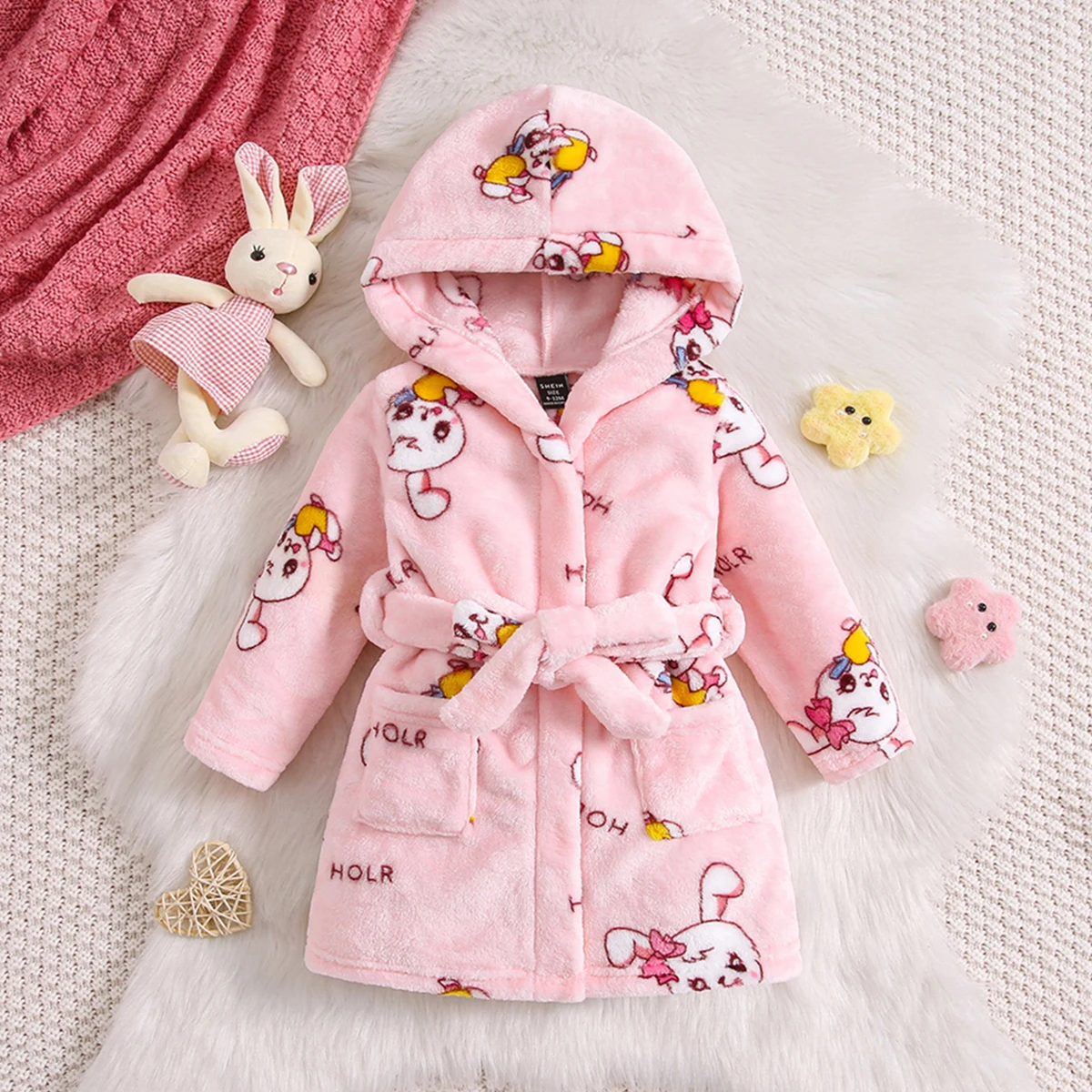 Kids Girls Flannel Robe With Easter Bunny & Bow Print, Hooded Thick Warm Cozy Home Bathrobe For Children, For Baby